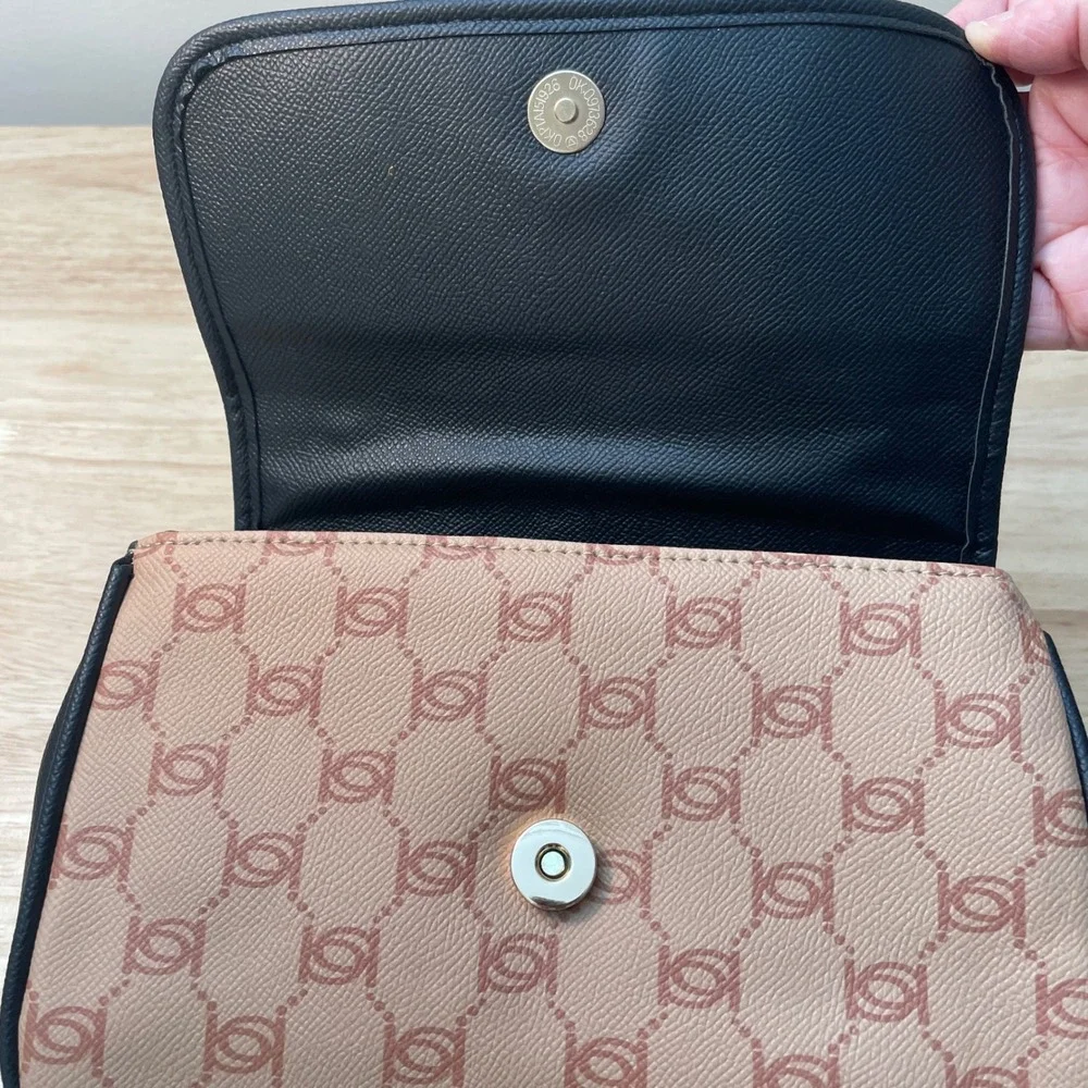 Bebe Monogram Crossbody Bag Tan‎ Black Gold Chain Strap Logo Shoulder Bag NEW